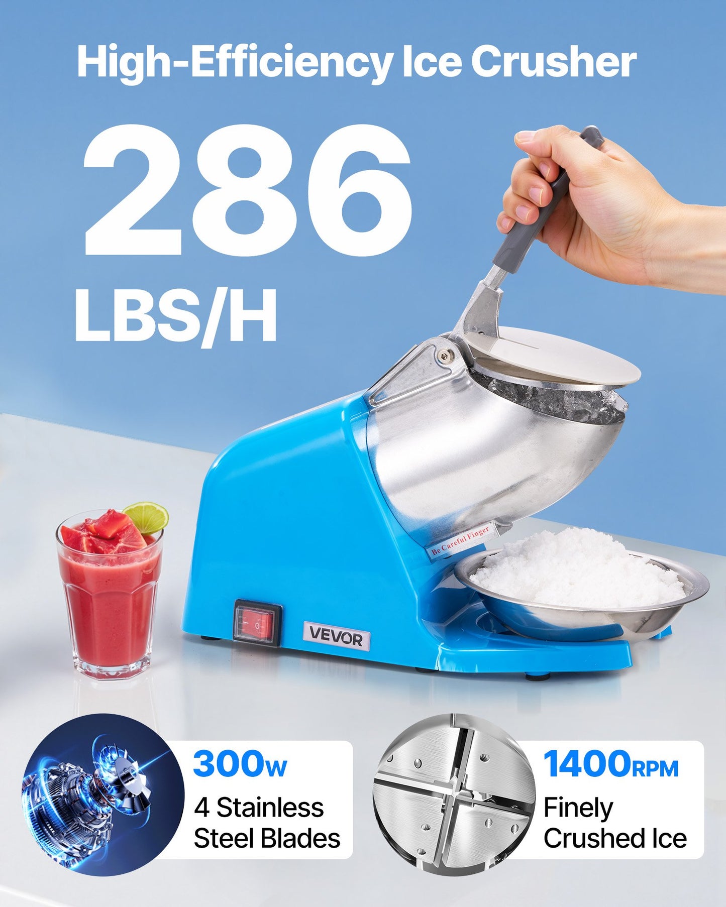 Electric Snow Cone Maker Ice Crusher 286LBS/H Blue Compact Kitchen Appliance
