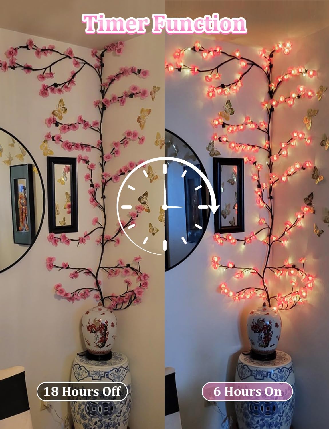 Cherry Blossom LED Tree Branch Wall Lights - 144 LED, 8 Modes, USB Powered, Indoor Decor