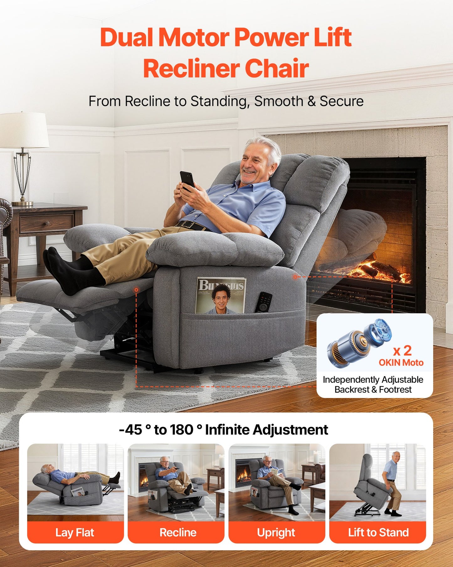 Electric Power Lift Recliner Chair with Heat Massage & Cup Holders - Oversized Gray