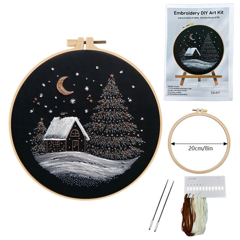 Christmas Snow House Embroidery Fabric Kit - Cotton Linen Modern Decoration