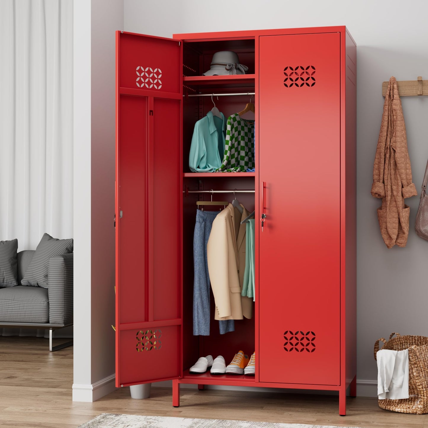Metal Wardrobe Cabinet with Adjustable Shelves - Red