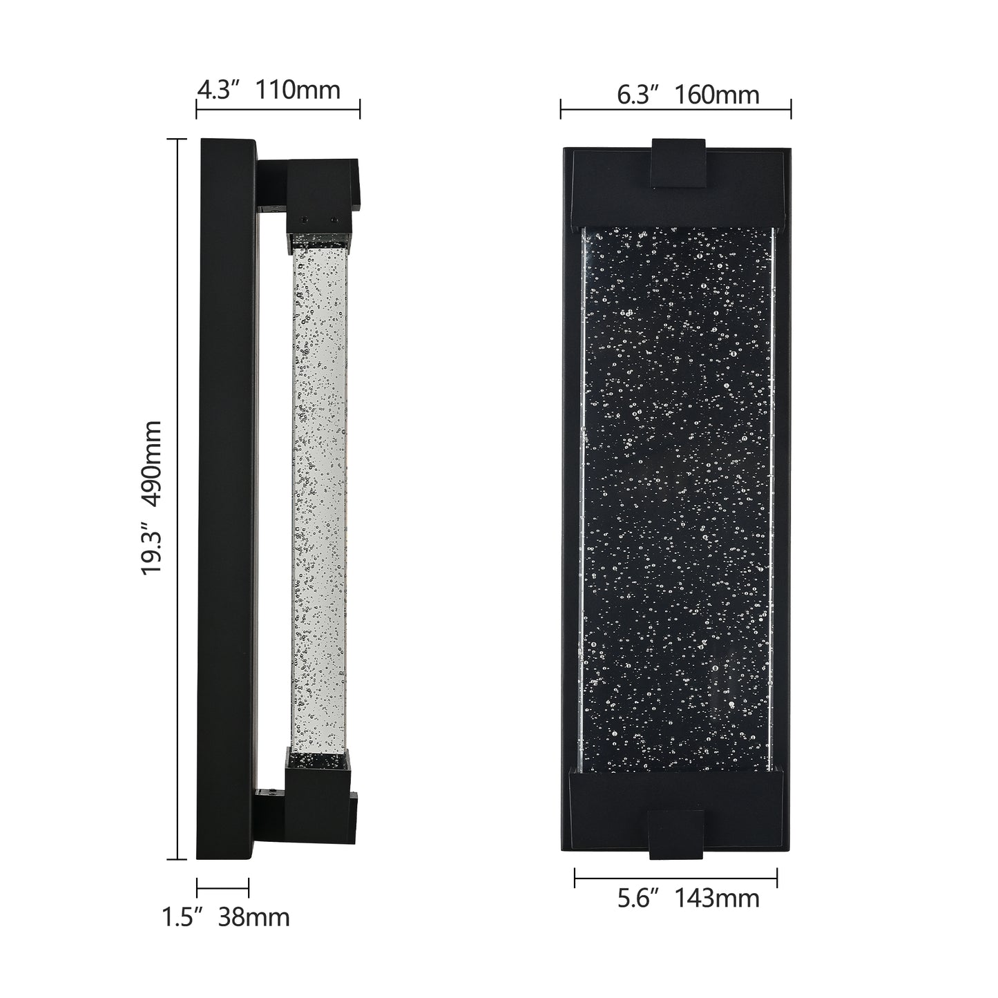 19-Inch Black Aluminum Outdoor Wall Light with Bubble Crystal Glass - Weatherproof Sconce with LED 3000K Warm Light