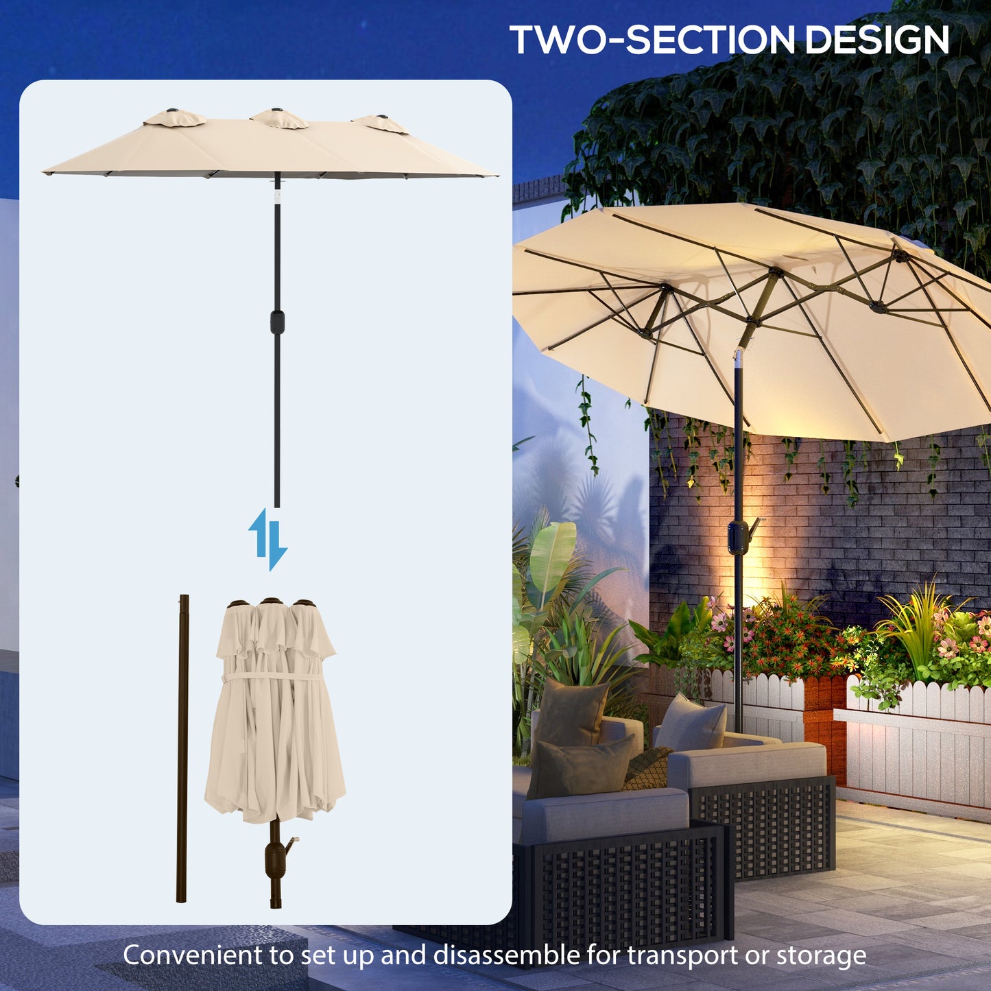 Large Double-Sided Patio Umbrella with Tilt & Crank - Brown