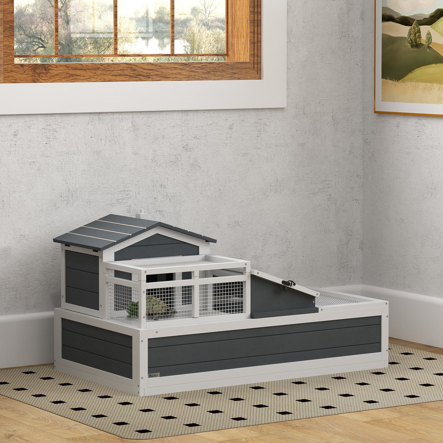 Large 3-Room Tortoise Habitat House with Balcony & Two Stories - Gray