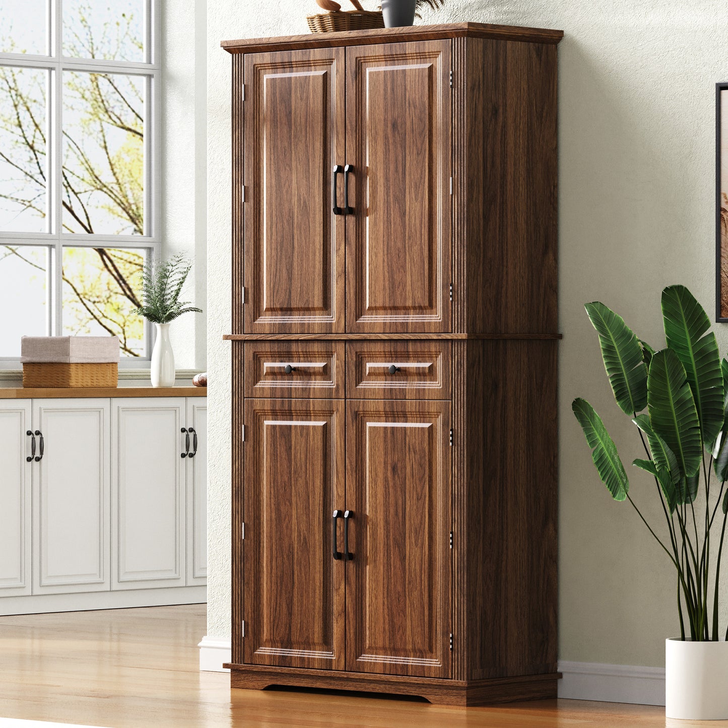 K&K 71 Tall Kitchen Pantry Cabinet With 3 Pull Out Organizers,