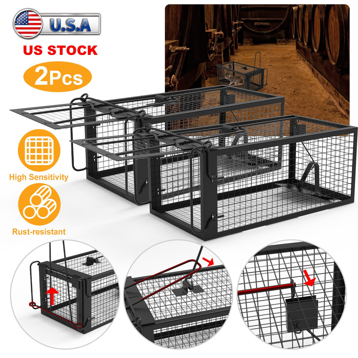 Humane Rodent Trap Cage - Galvanized Steel Live Mouse & Rat Catcher, 2 Pack