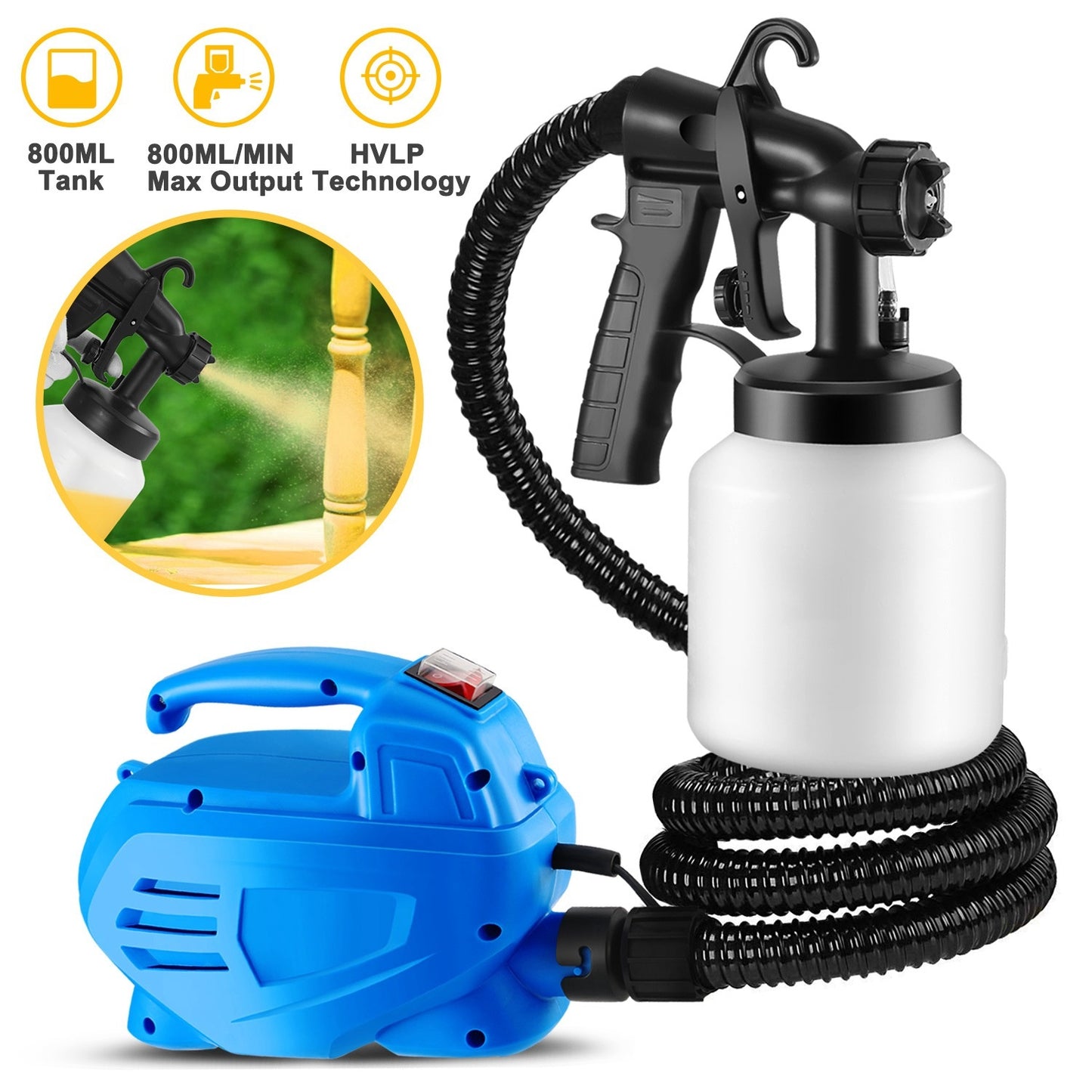 800ML HVLP Paint Sprayer with 3 Modes & Removable Container - Garden Tools