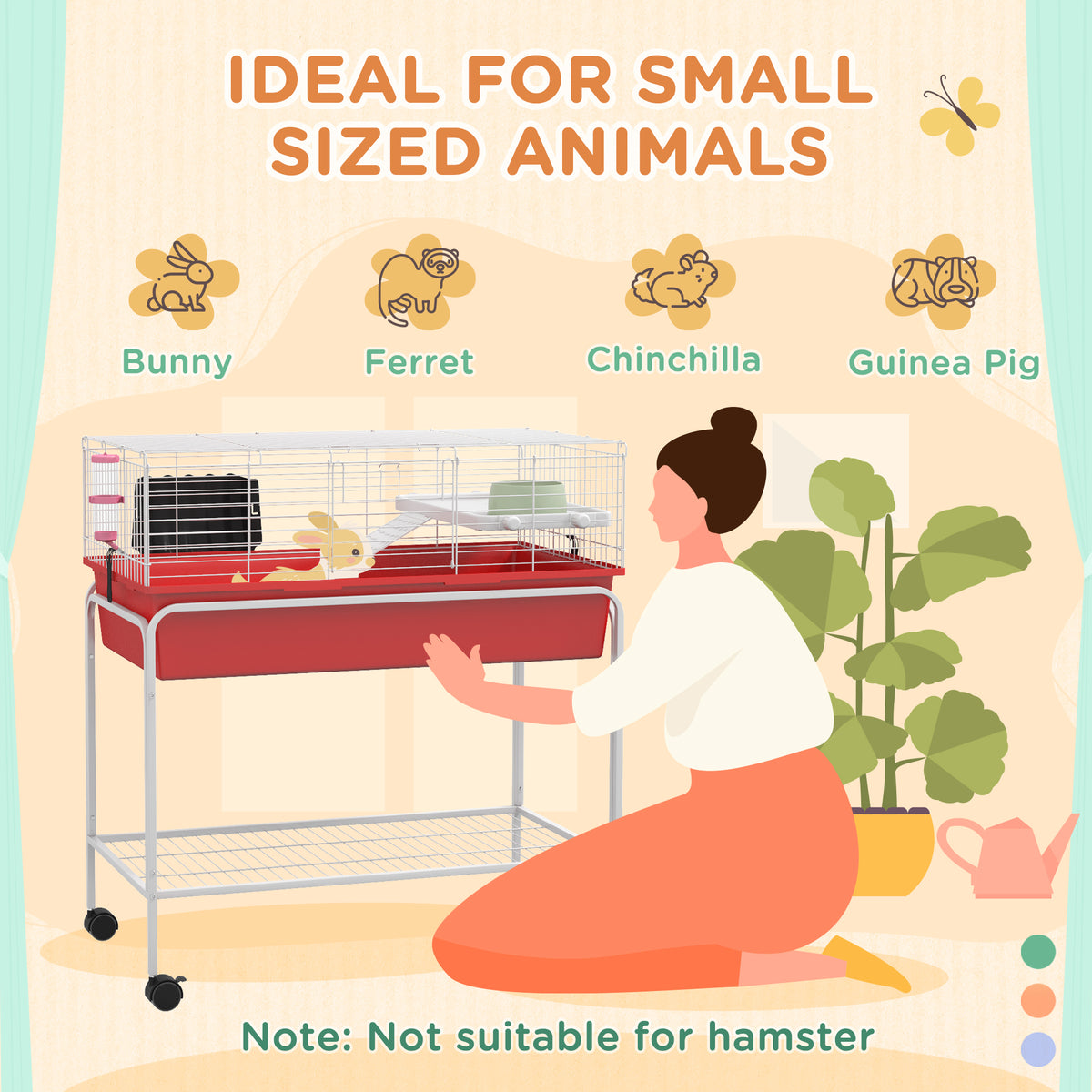 Small Animal Cage with Removable Stand, Wheels & Shelf - 33x18.5x35 Inches, Red