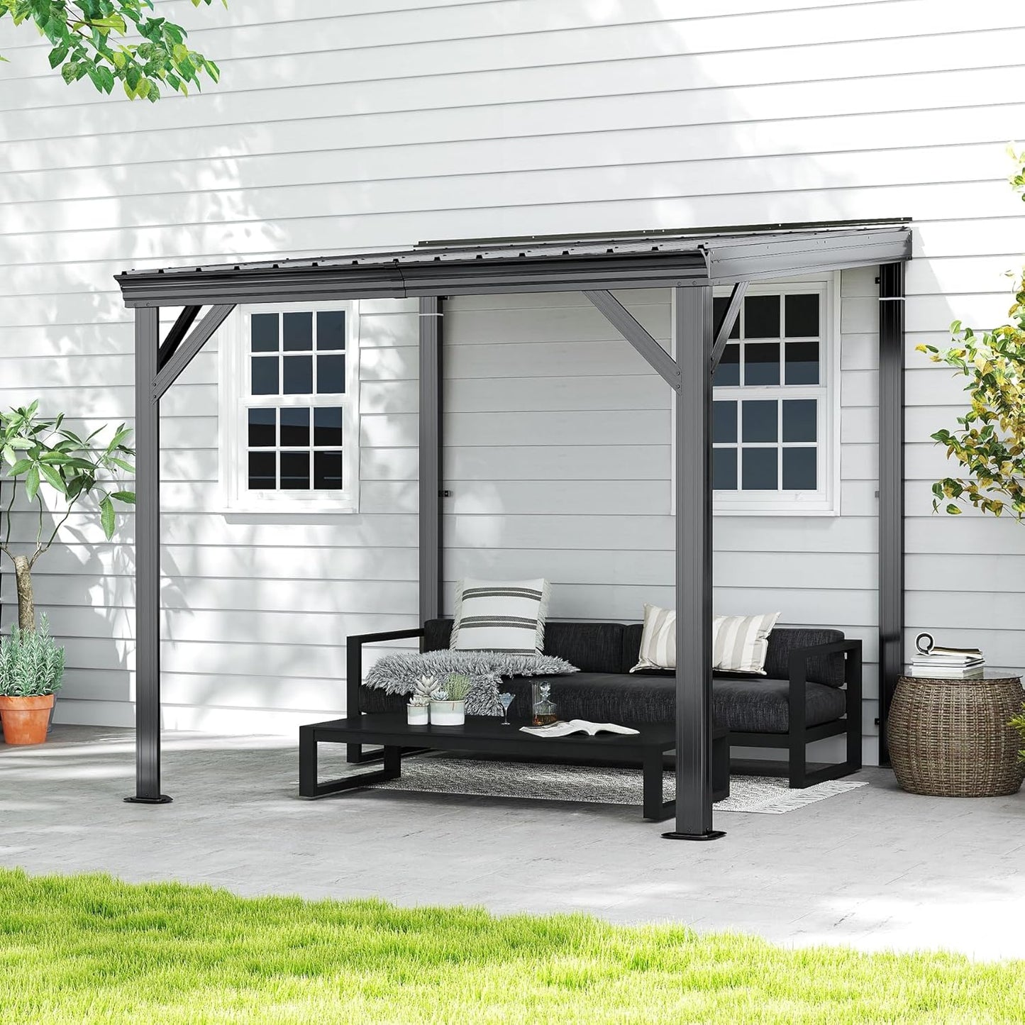 8x8 Lean To Gazebo with Galvanized Steel Sloped Roof Wall-Mounted Patio Cover Gray