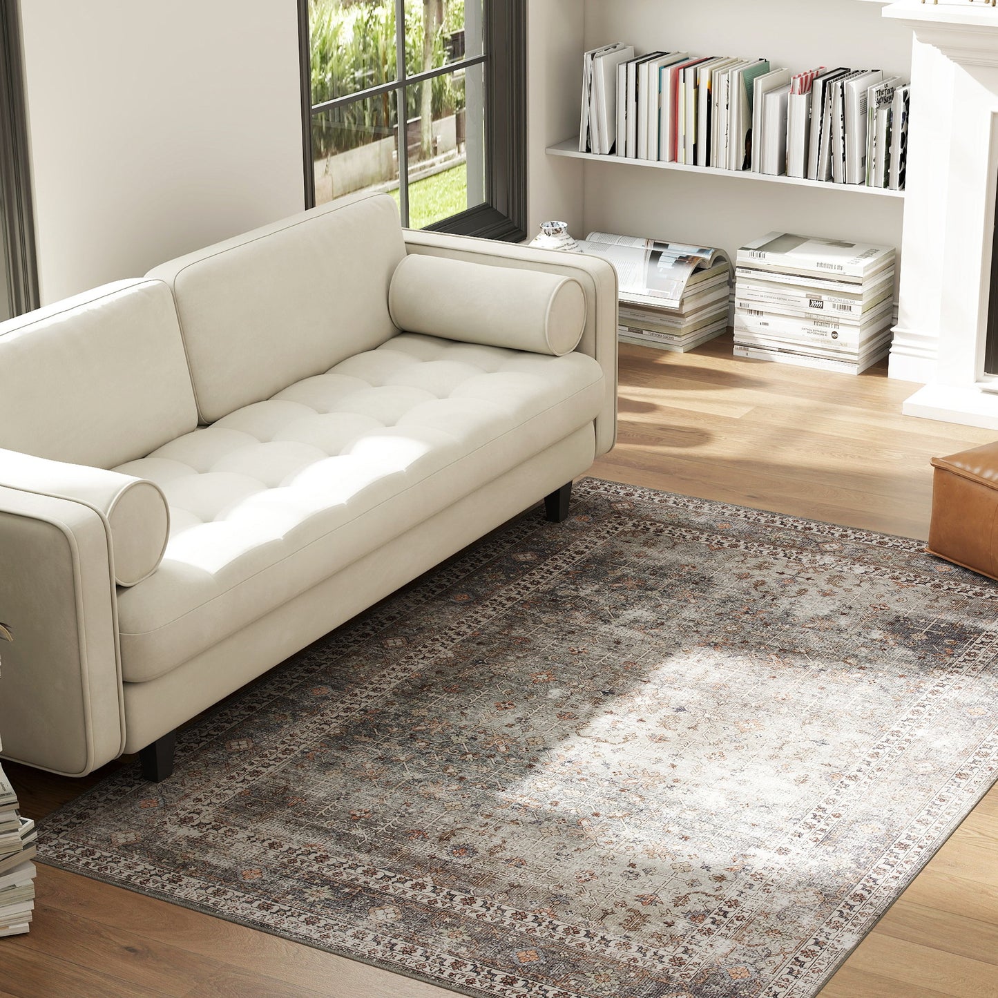 Machine Washable Area Rug 4x6 - Traditional Non-Slip Carpet - Dark Brown