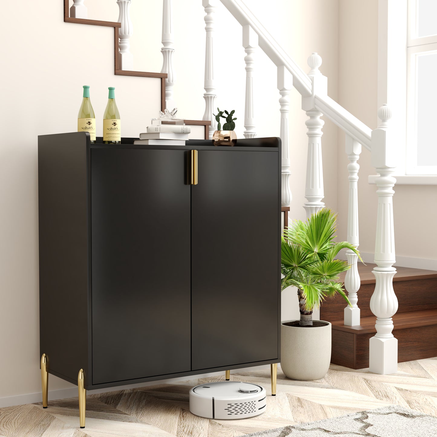 2 Doors Home Wine Bar Cabinet With Rack & Adjustable Storage Shelf,