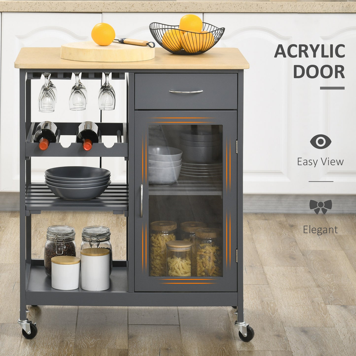 Rolling Kitchen Island Cart with Wine Rack and Storage - Gray
