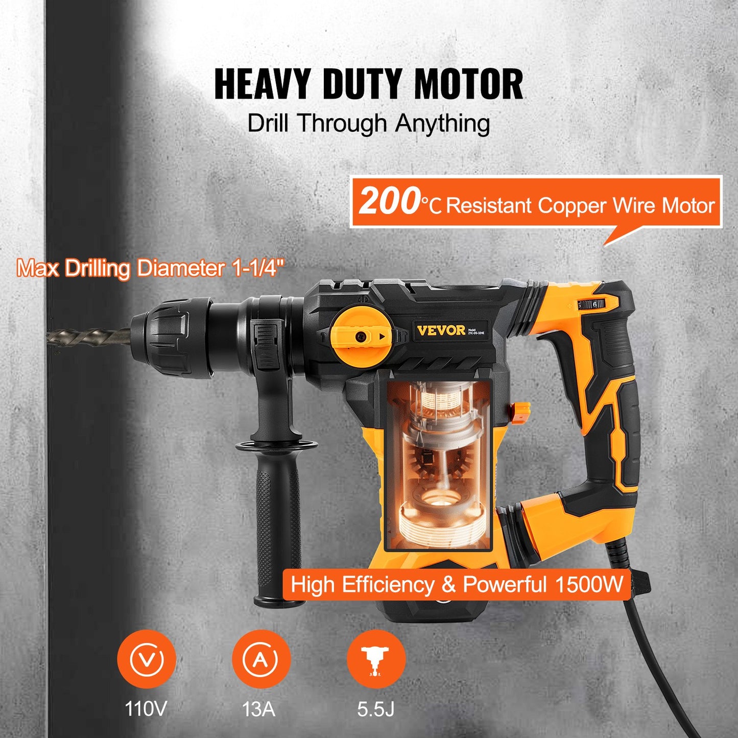 Corded Rotary Hammer Drill 1-1/4 Inch SDS Plus 4 Modes Heavy Duty Power Tool - Yellow