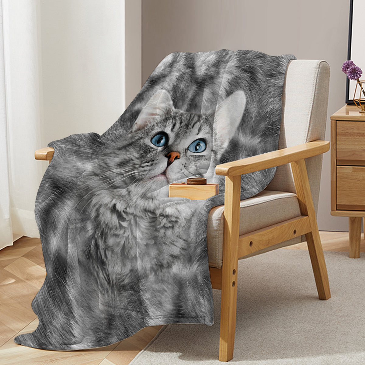 Gray Cat Flannel Blanket - Soft Warm Fleece Bed Sofa Throw 75x100cm