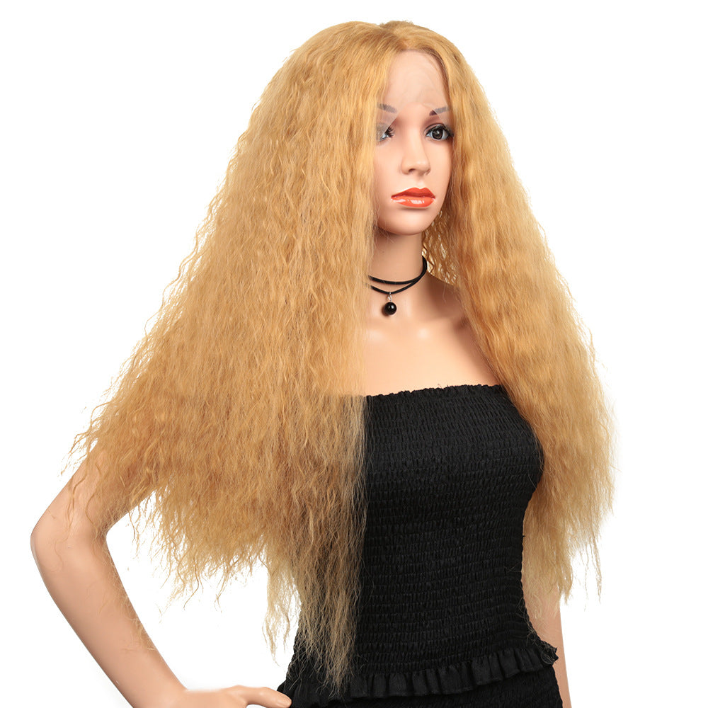 Curly Lace Wig with Oblique Bangs - Yellow