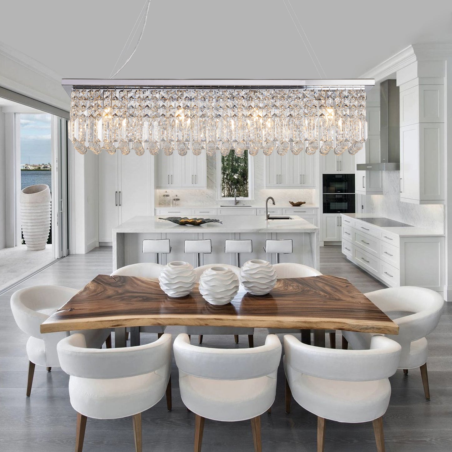 Modern Crystal Chandelier for Dining Room 8-Lights Rectangular Pendant Light Fixture
