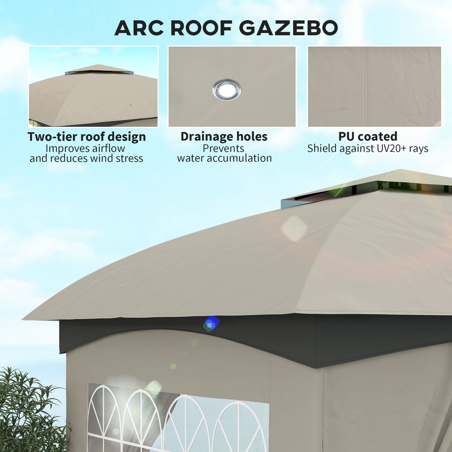 Outdoor Gazebo with Curtains and Church Windows - Light Gray
