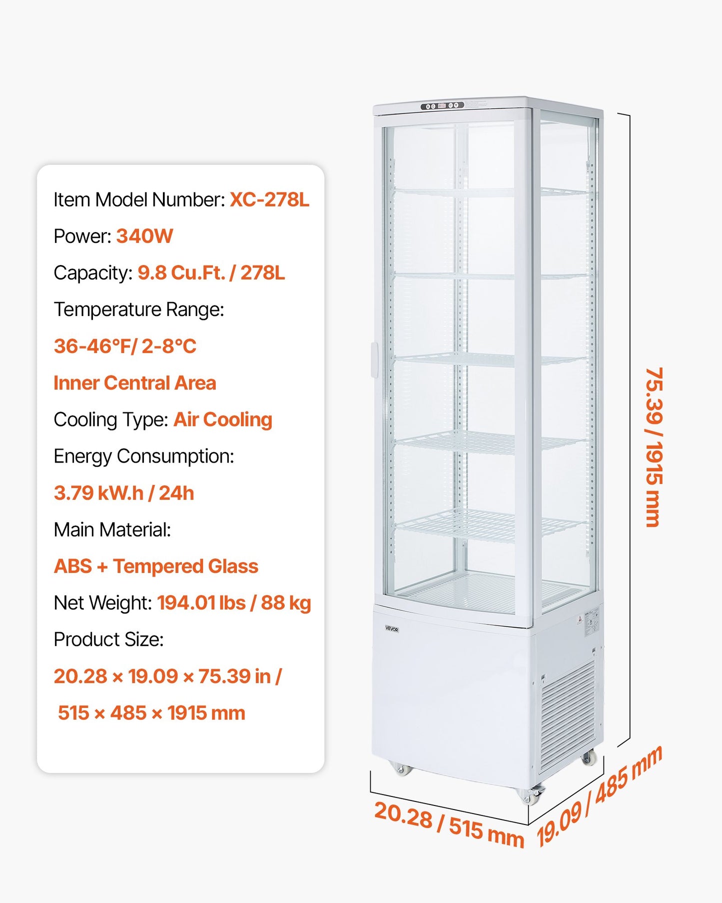 Large 9.8 Cu.Ft Pastry Display Case - 5-Tier Commercial Refrigerator with LED Lighting
