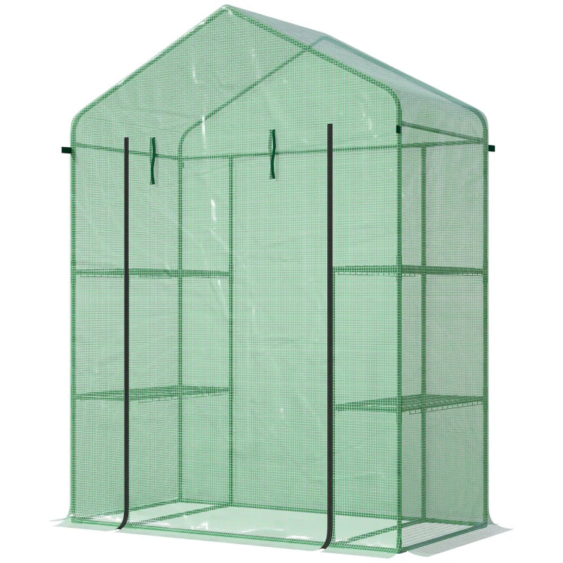 Walk-In Greenhouse with 3 Tiers Shelves, Roll-Up Door & PE Cover - Green
