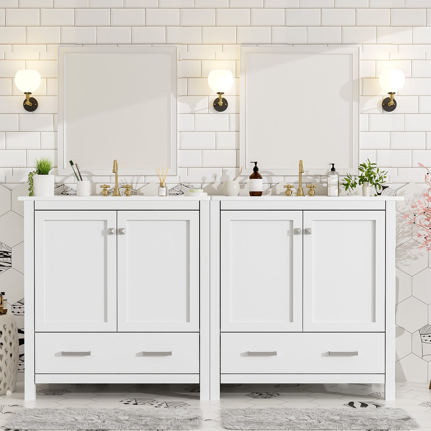 60" White Bathroom Vanity Set with Double Ceramic Sinks & Storage
