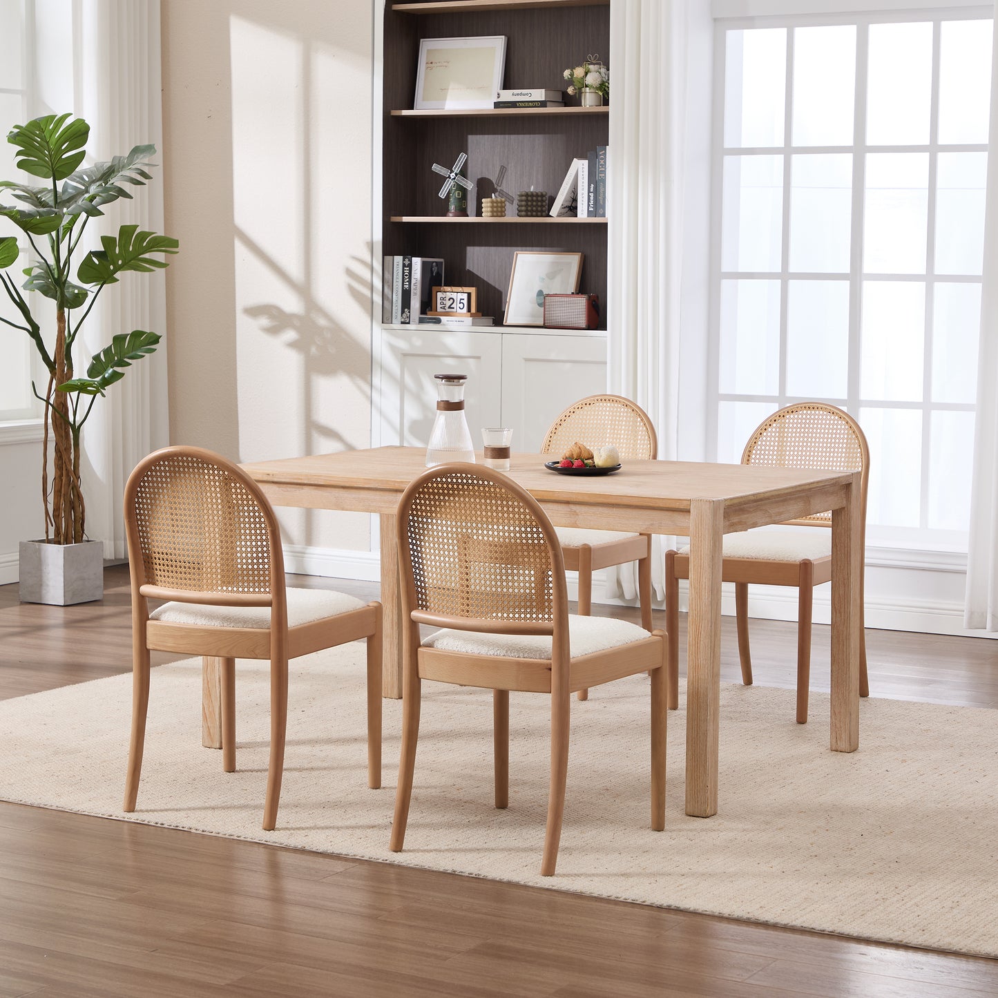 Beige Rattan Dining Chairs Set of 2 - Upholstered Kitchen Seating