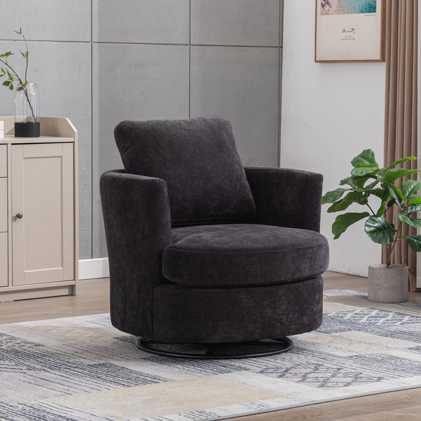 Chenille Swivel Accent Barrel Chair - Comfy Round Sofa Chair in Black
