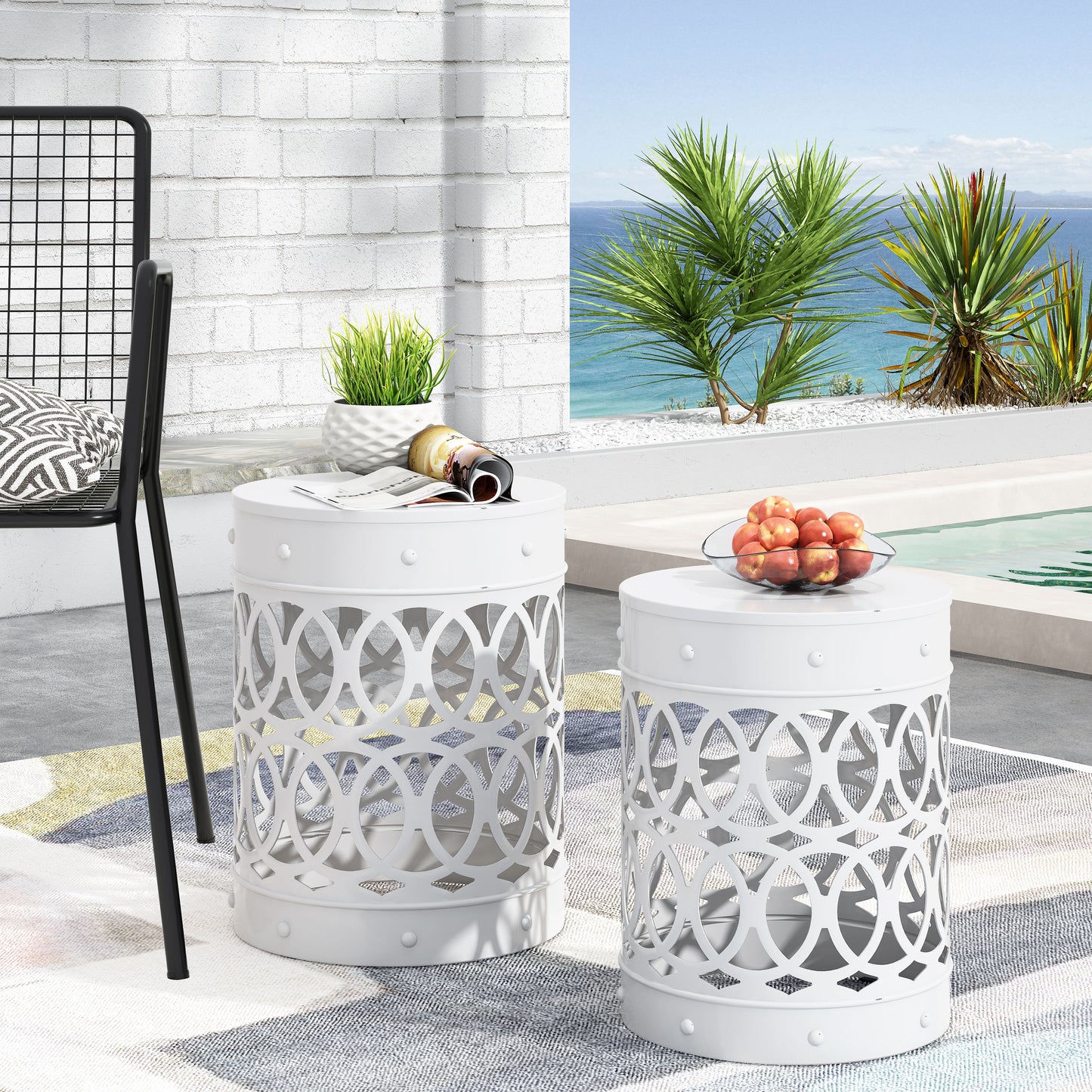 Outdoor Metal End Table Set - White Iron Cut Design