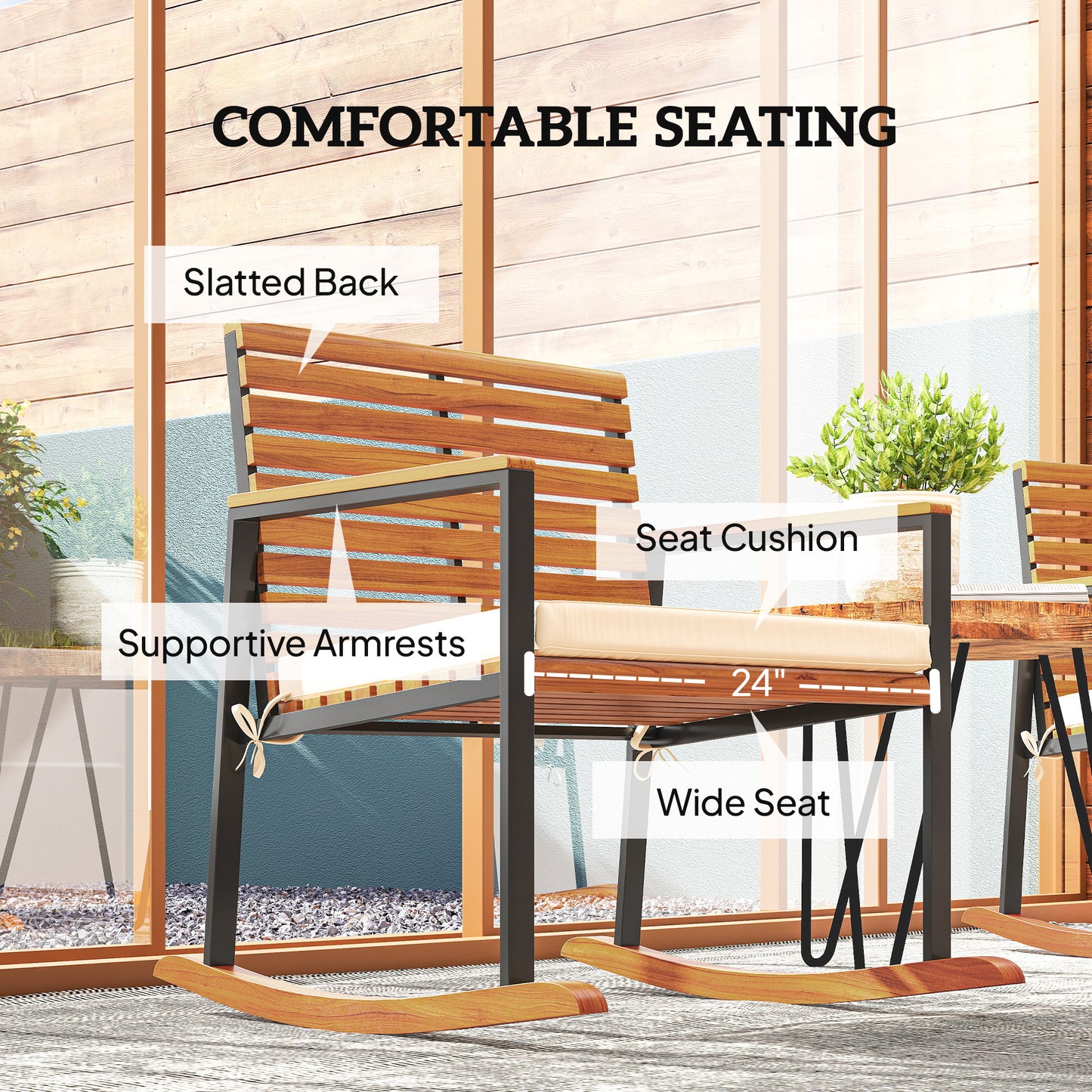 Acacia Wood Outdoor Rocking Chair Set of 2 with Cushions - Cream White