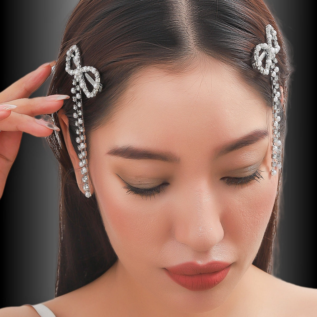 Silver Bow Barrettes with Rhinestone Tassel, Pair