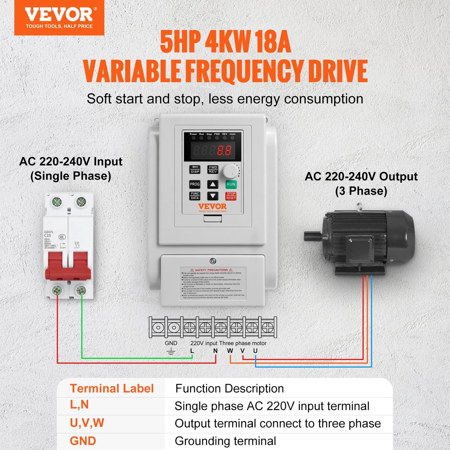 VFD 4KW 18A 5HP Variable Frequency Drive for Three-Phase Motor Speed Control