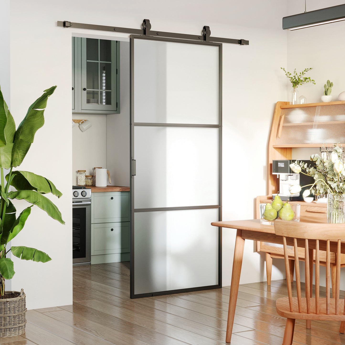 36 x 84-Inch Frosted Tempered Glass Sliding Door Kit with Hardware & Handle - Black