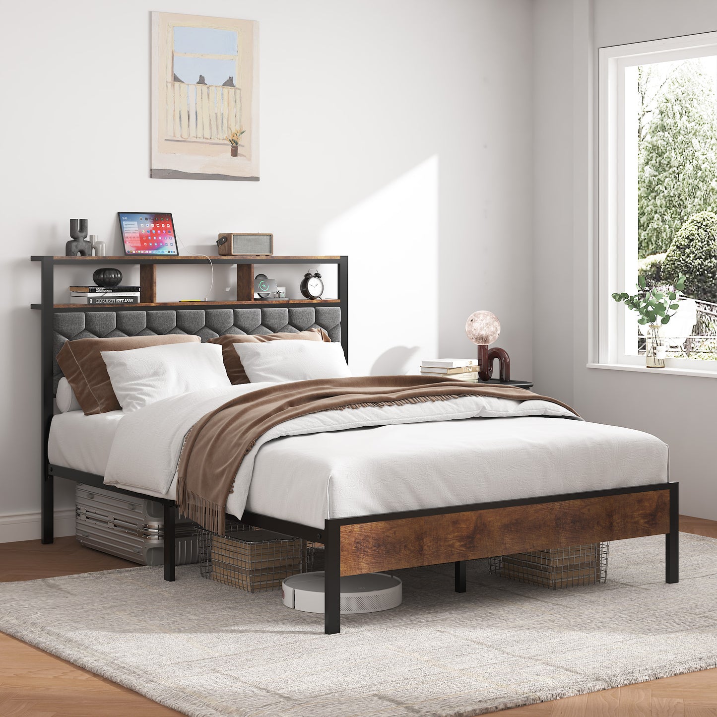 Full Wood Platform Bed Frame with Upholstered Headboard, USB Ports & Underbed Storage