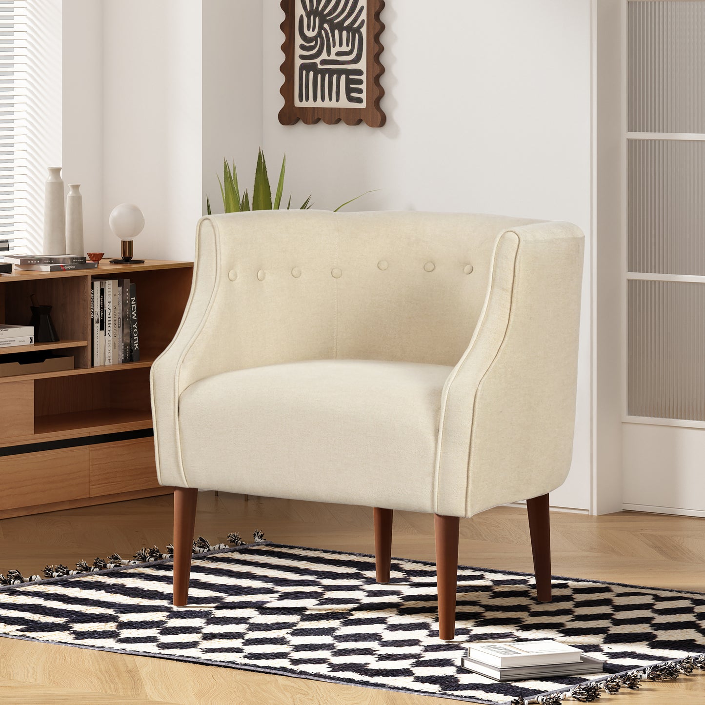 Modern Club Chair With Button-Tufted Back & Tonal Piping