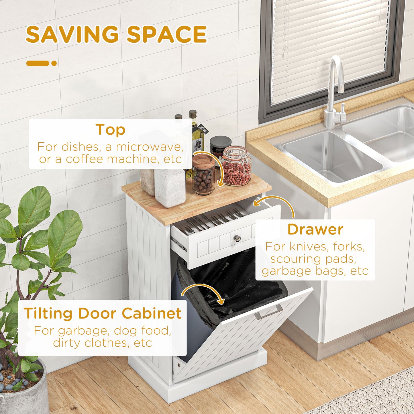 10 Gallon Tilt-Out Trash Cabinet with Storage Drawer - White