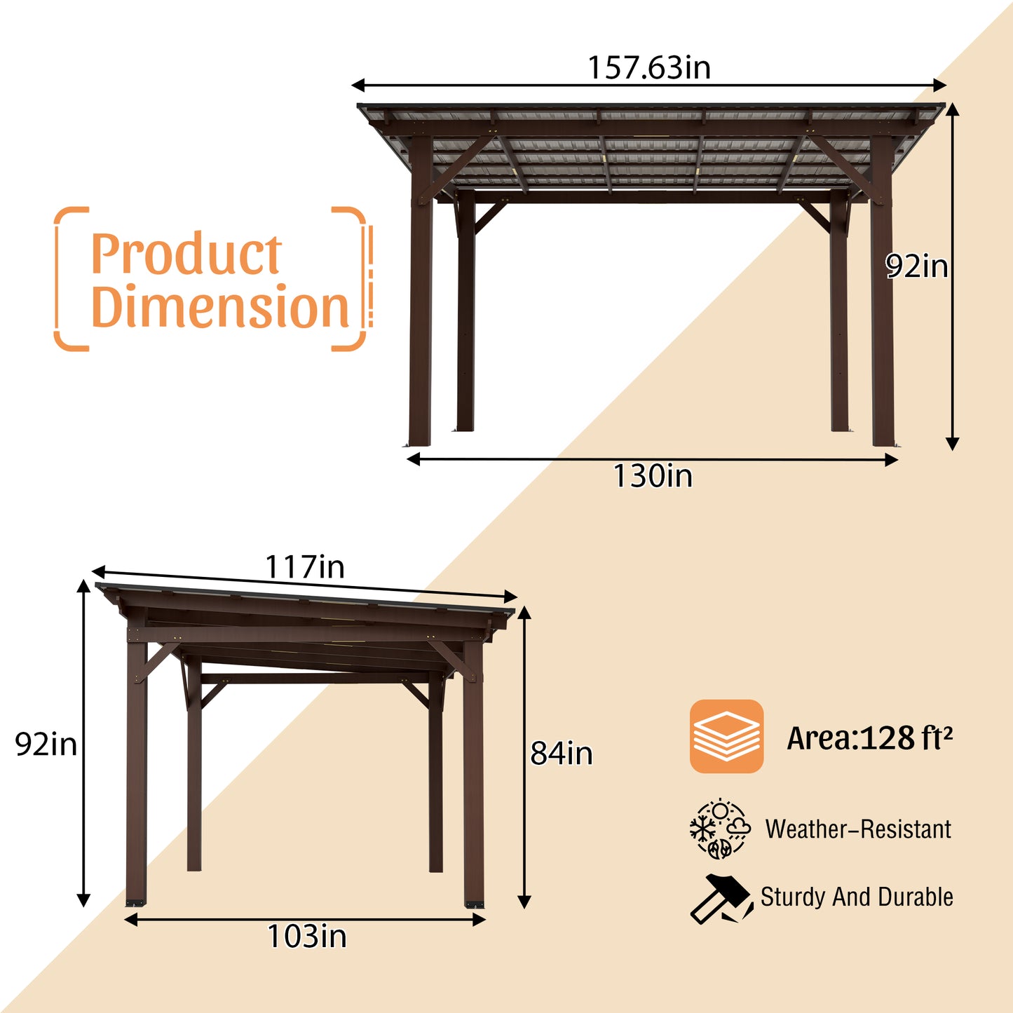 13x10ft Wooden Garden Gazebo with Metal Roof - Brown
