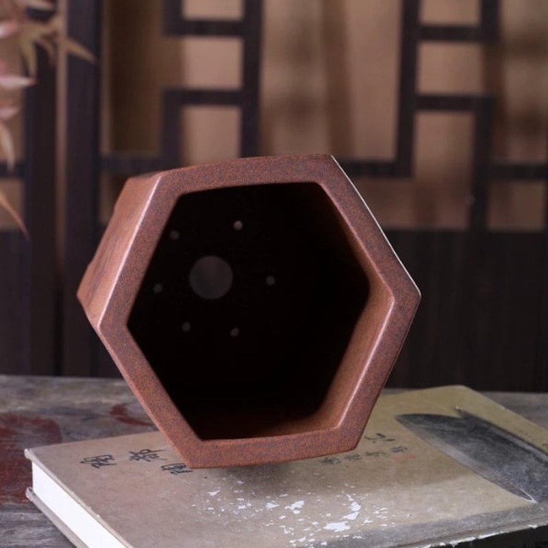 Hexagonal Incense Cylinder Pot - Purple Clay Flower Vase for Home Decor
