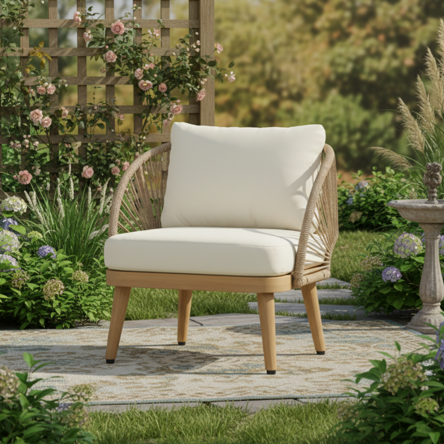 Acacia Wood Outdoor Club Chair, Curved Tub Design Patio Chair With