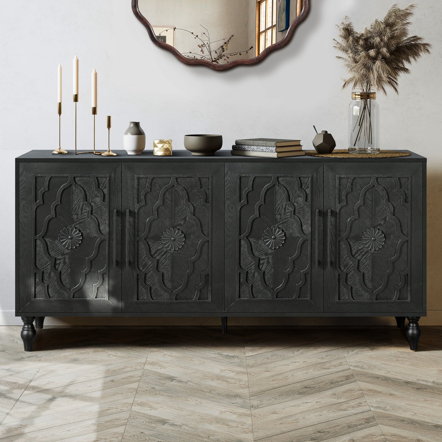 Large Carved Flower Door Storage Cabinet with Metal Handle - Black