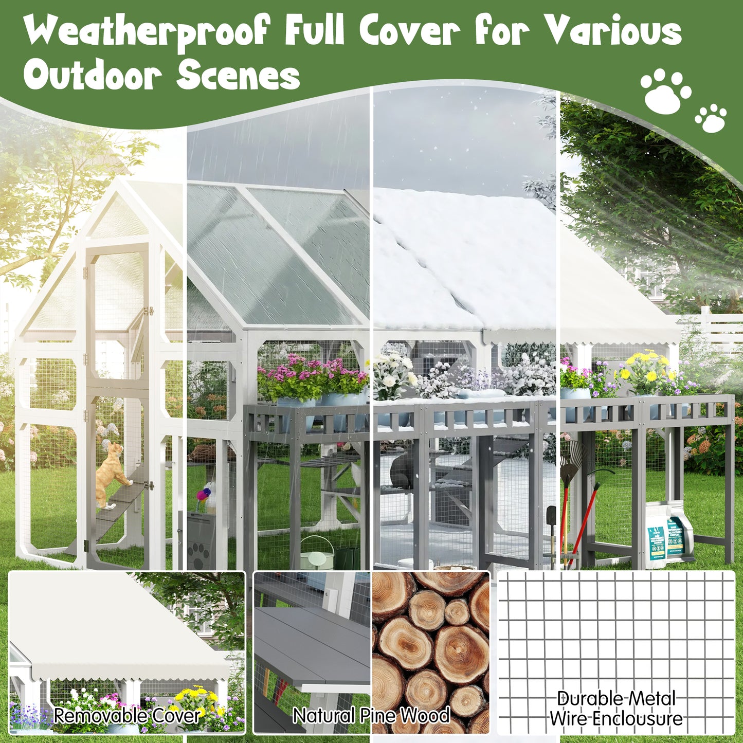 Large Outdoor Cat House With Planter Stand, Wooden Enclosure Resting