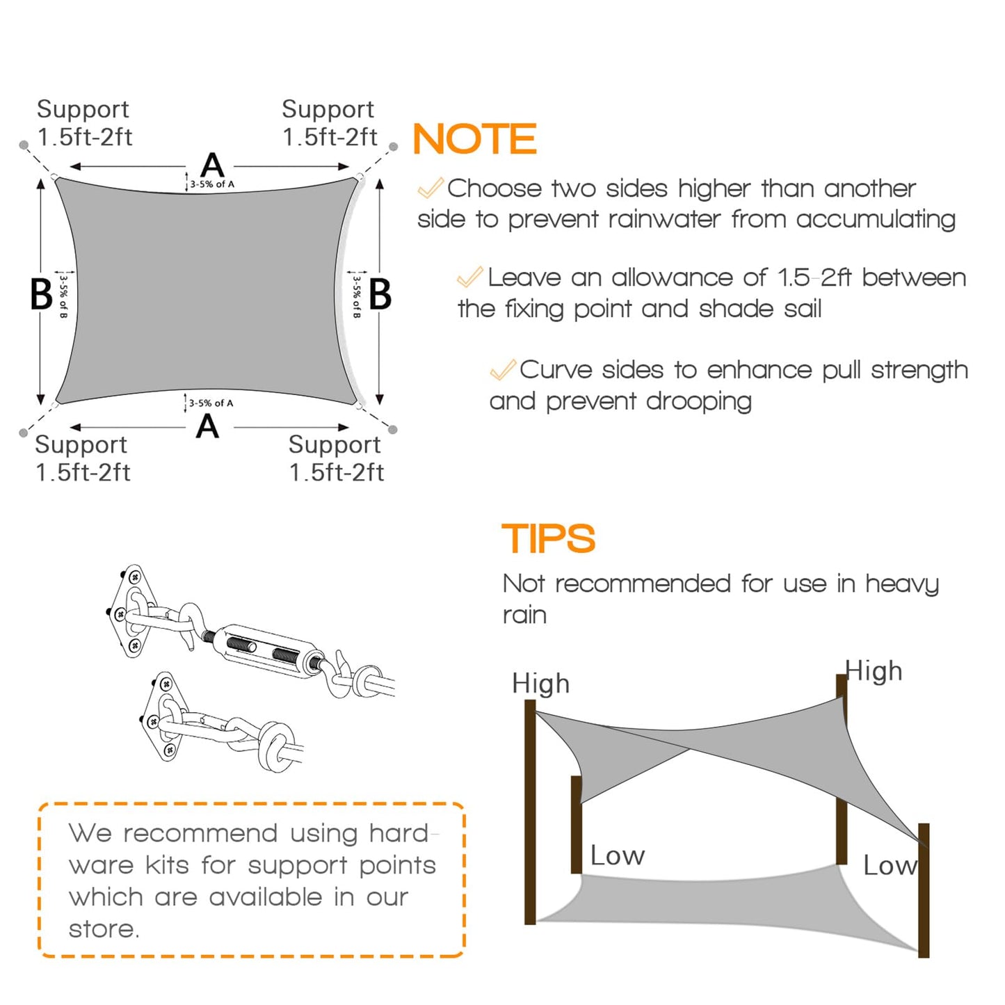 10x13 ft Sunshade Sail with UV Protection - Light Grey, Sand, Rust Red, Dark Grey, Beige, Cream, and More