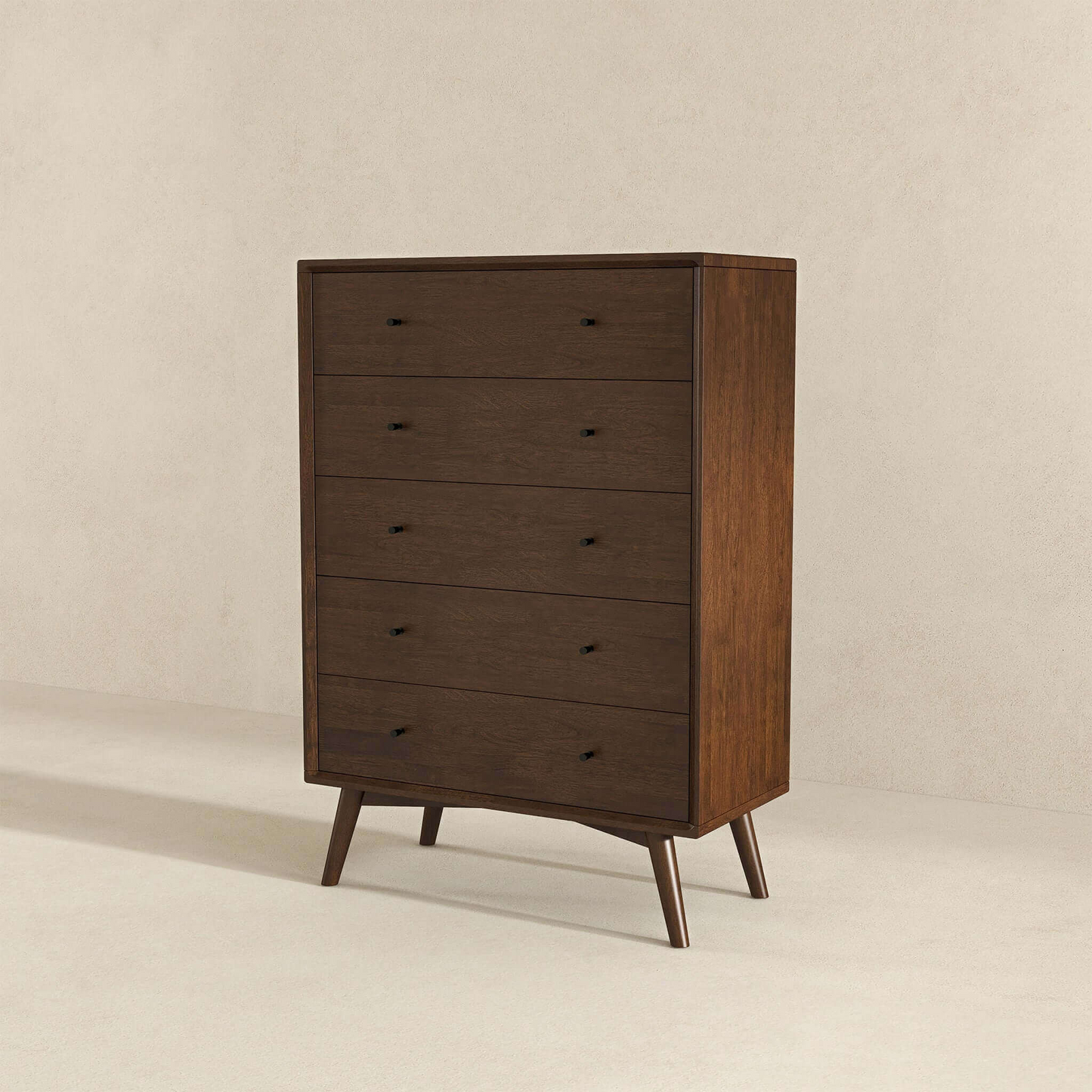 Caroline Mid Century Modern 5-Drawer Solid Wood Dresser In Dark Brown