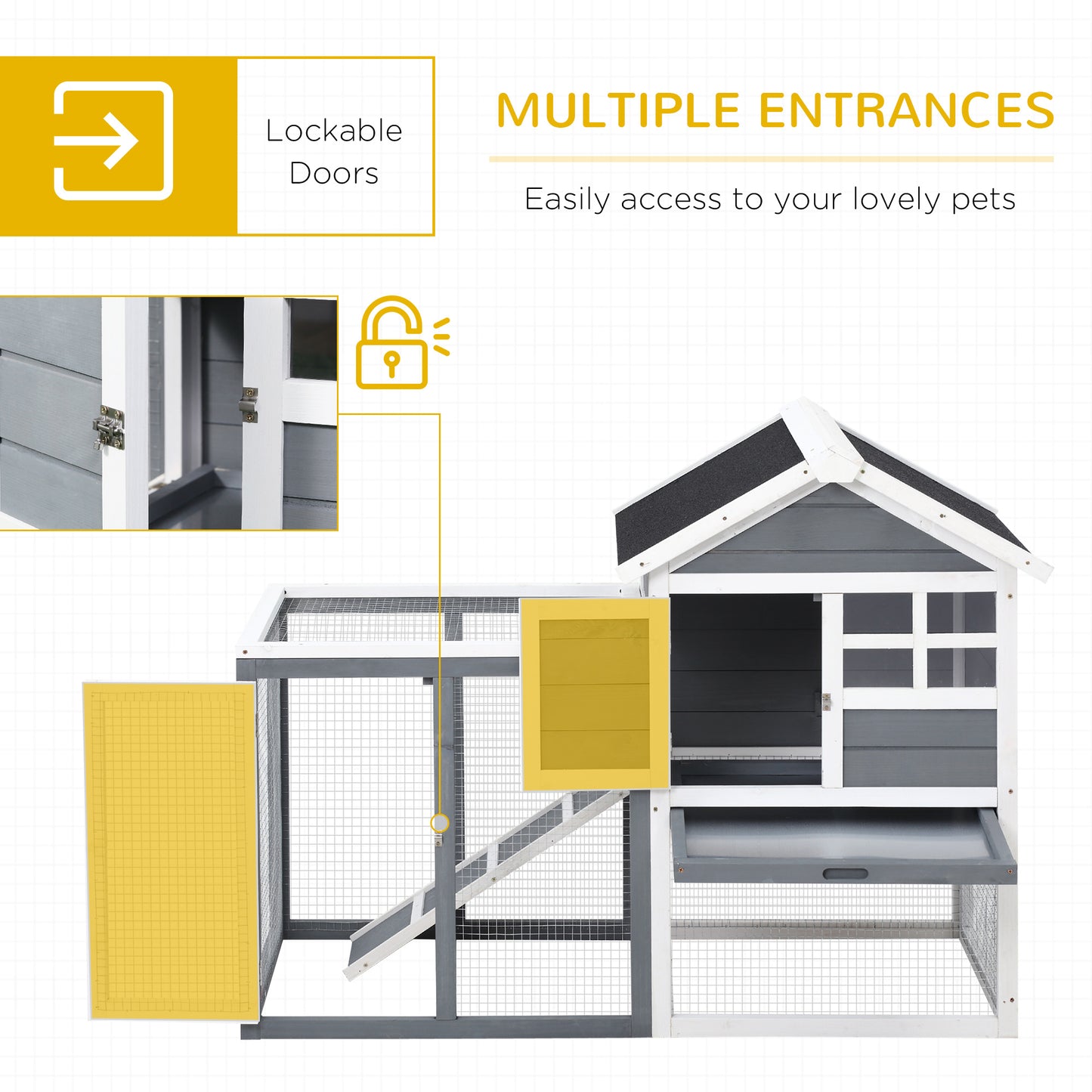 Weatherproof Wooden Rabbit Hutch with Outdoor Run & Slanted Asphalt Roof - Gray
