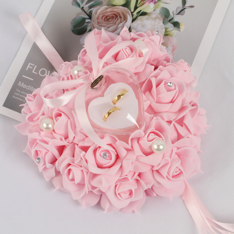 Wedding Pearl Ring Pillow with PE Foam Rose for Bridal Ceremony