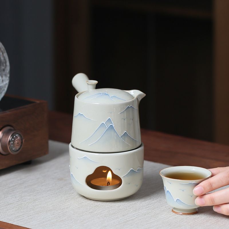 Hand-Painted Ceramic Tea Stove with Side Handle and Landscape Design