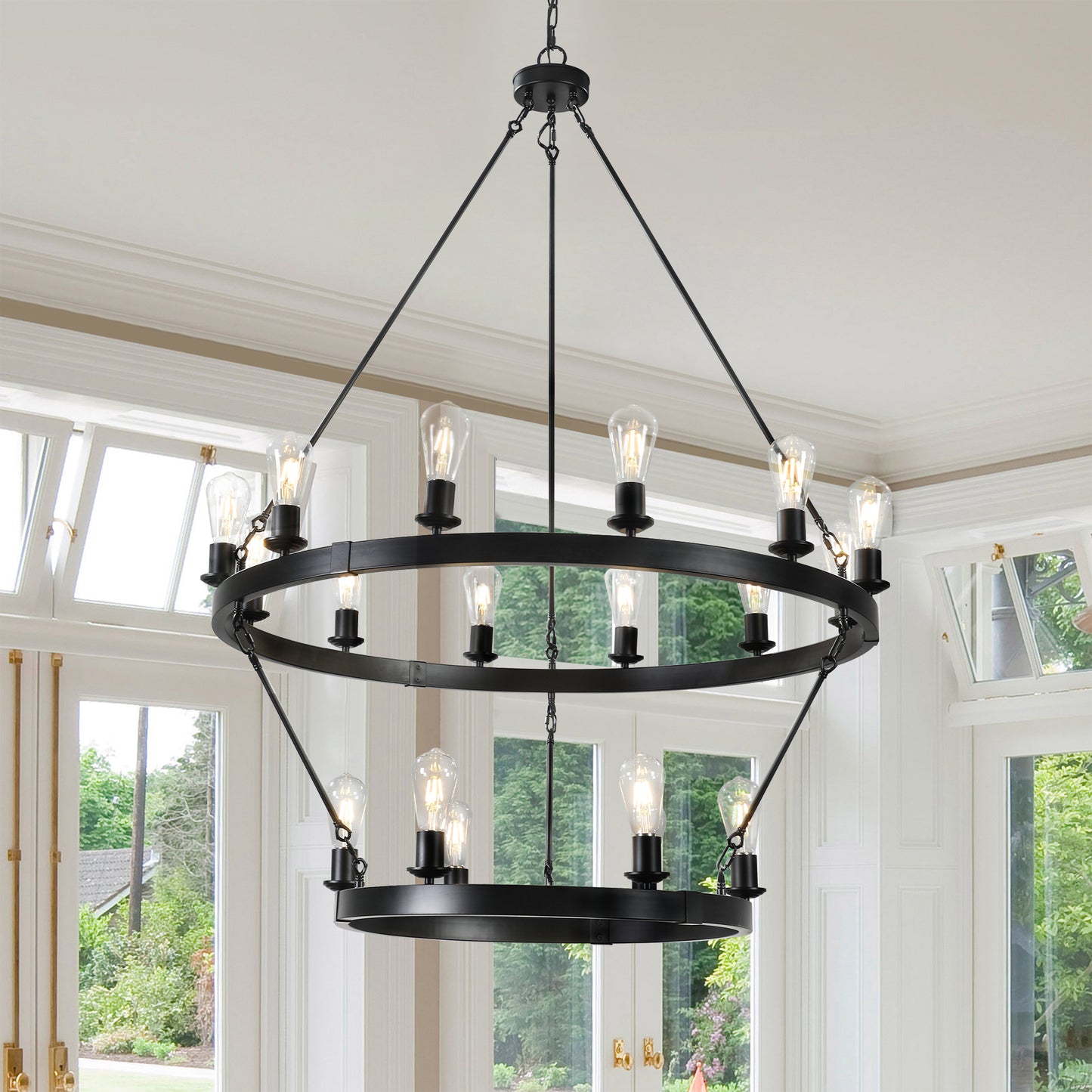 Large 2-Tier Circular Ironwork Chandelier - Retro Style