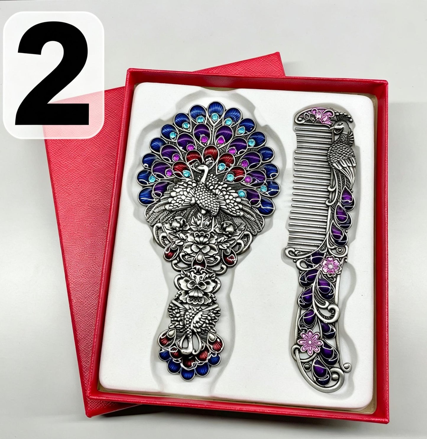 Vintage Peacock Mirror & Comb Set - Antique Metal Handheld Vanity Accessory with Gift Box