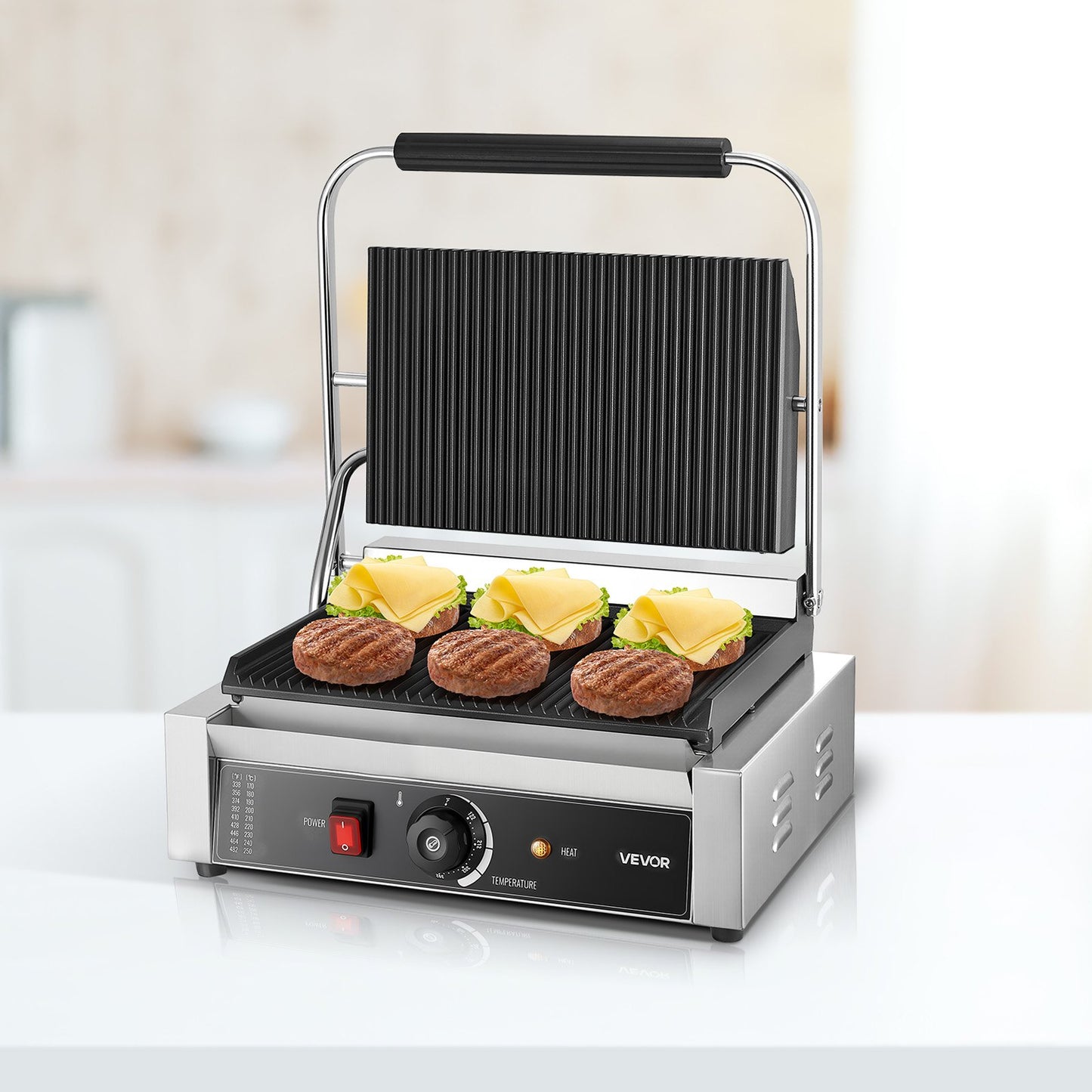 Commercial Electric Panini Press Grill - 13.5x9.3 in Sandwich Maker, Stainless Steel