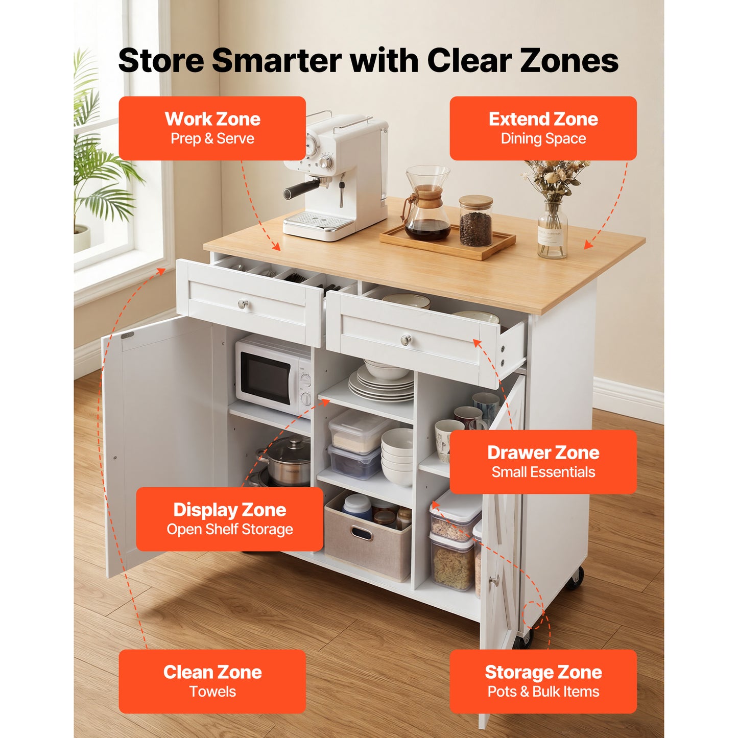 Kitchen Island Cart with Storage and Drop Leaf - Mobile White Utility Table with Drawers and Towel Rack
