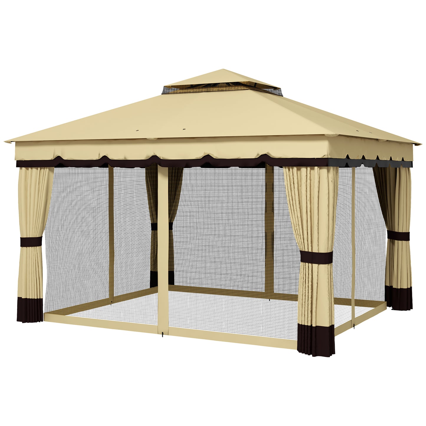 10x12 Double Roof Patio Gazebo Canopy with Netting & Curtains - Beige