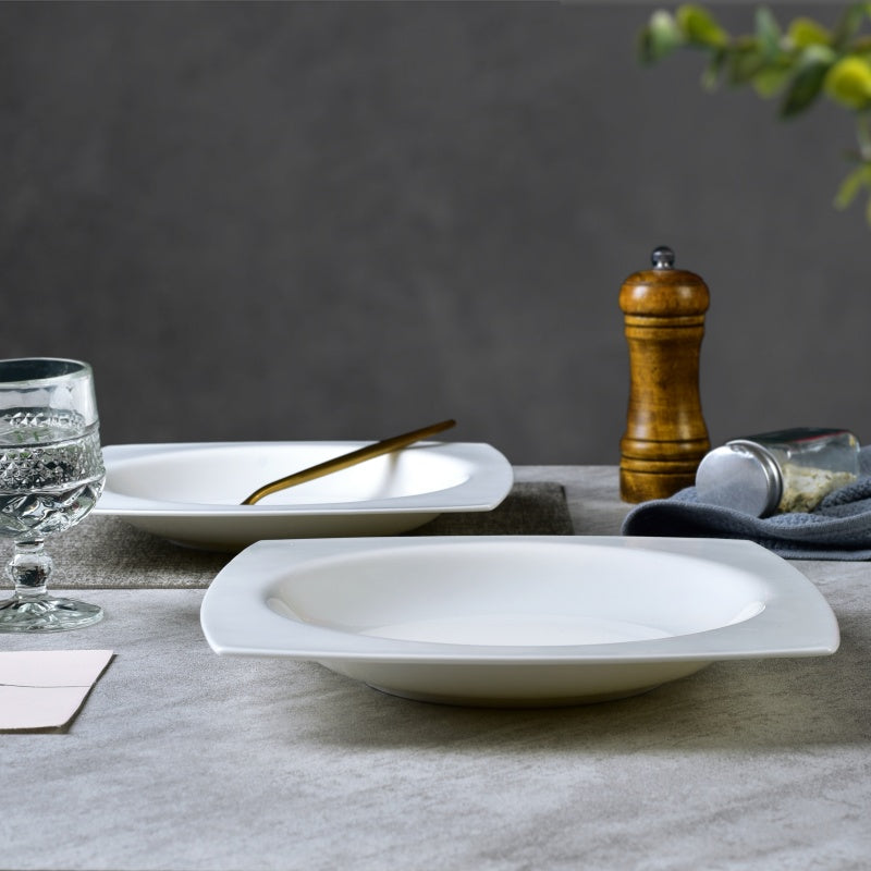 9.5-Inch Square Soup Plate Set - 6 Pieces of White Bone China